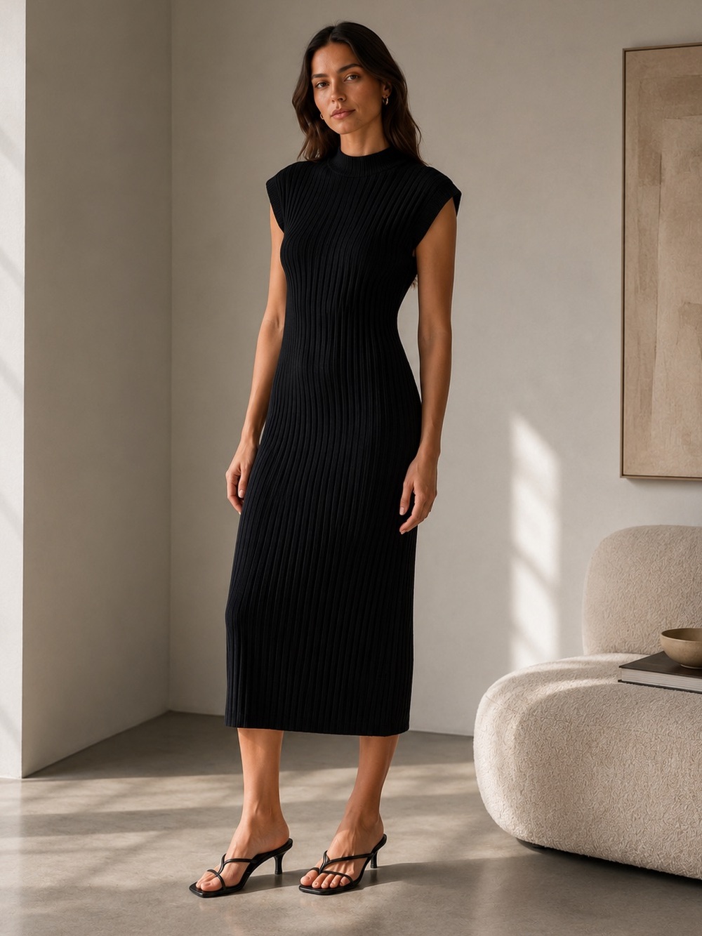ZARA Black Ribbed Mock Neck Sleeveless Midi Dress Size Small